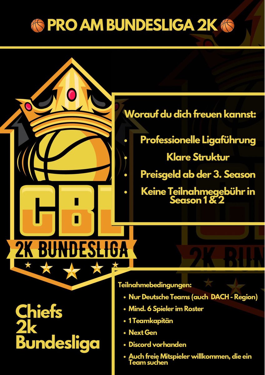 Chiefs Pro Am 2K Bundesliga (@cbl2k_) on Twitter photo Pro Am 2K Bundesliga‼️
Joint dem Discord für mehr Infos und meldet eure Teams an! <a href="/ProAmGermany/">Pro Am Deutschland</a> discord.gg/BtjeAZKG Pro Am 2K Bundesliga‼️
Joint dem Discord für mehr Infos und meldet eure Teams an! <a href="/ProAmGermany/">Pro Am Deutschland</a> discord.gg/BtjeAZKG
