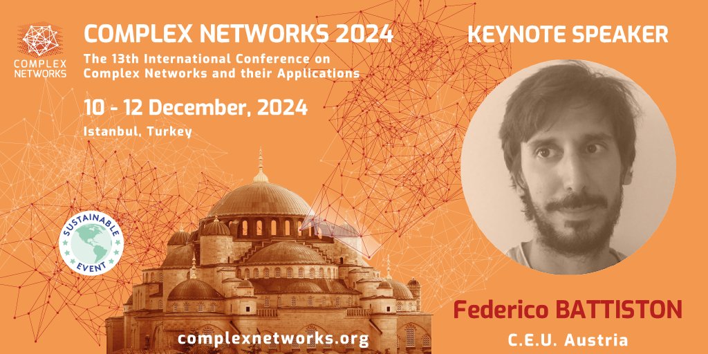 🌟 Exciting news! 🌟Join us at #ComplexNetworks2024 in ISTANBUL as we welcome Dr. Federico Battiston from Central European University, Austria! Get ready to dive into the fascinating world of network science with one of the brightest minds in the field! 🌐#NetworkScience