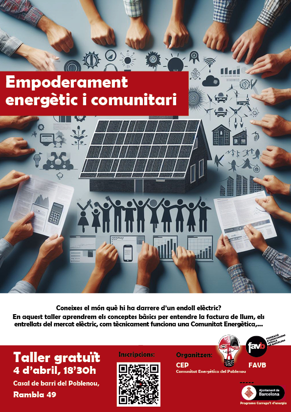 FAVBcn's tweet photo. Empoderament energètic i comunitari:
La Favb i la Comunitat Energètica del Poblenou organitzen un taller pràctic sobre el mercat elèctric i la gestió comunitària.
🗓️ 4 d’abril.
⏱️ 18:30 h.
🏠 Casal de barri del Poblenou.
Inscripcions, aquí: https://t.co/2EfIfsYFyM https://t.co/9wcOUohdJJ