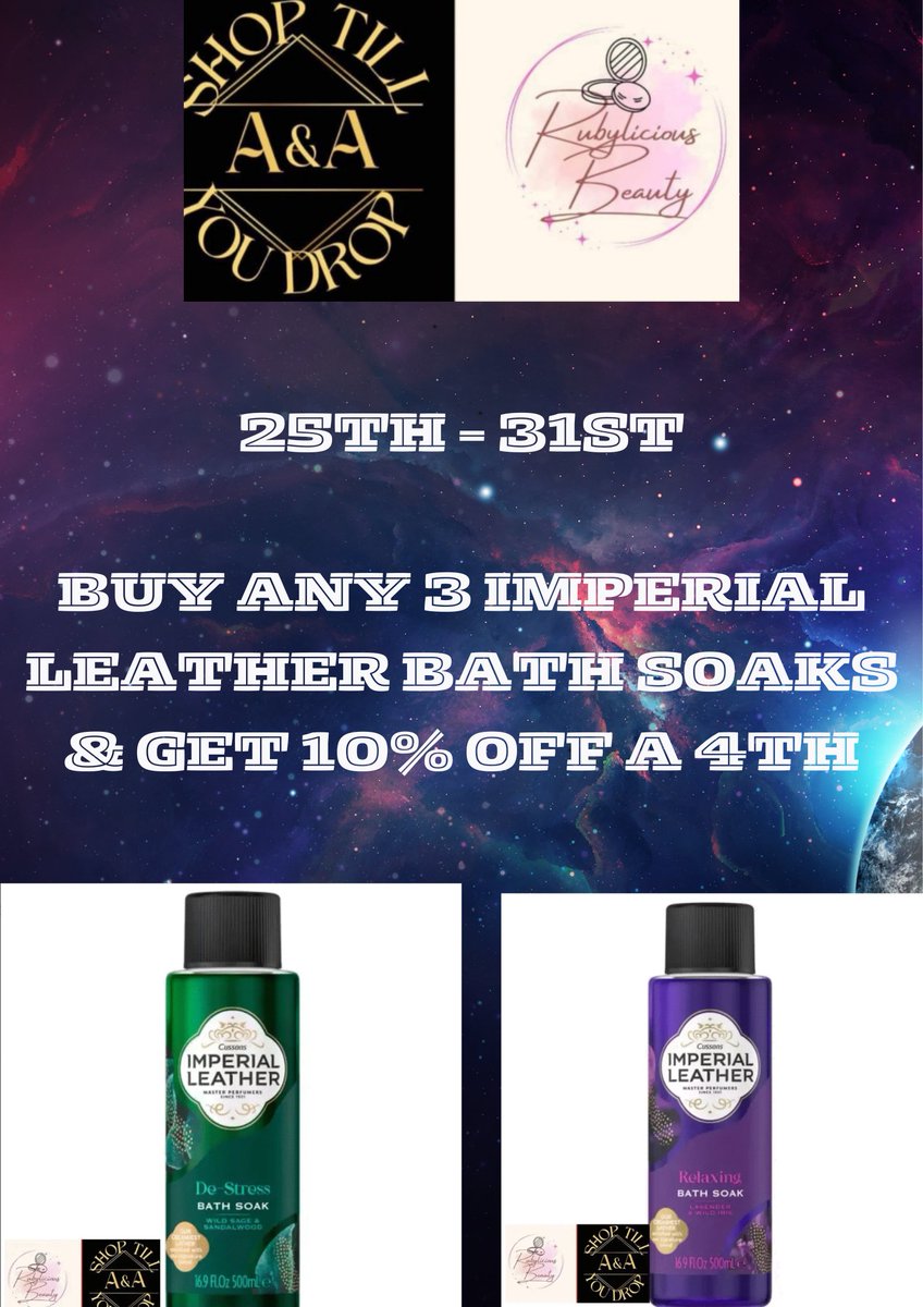 StDenise81150's tweet photo. 25th-31st March Deals
10% Off Astonish Collection
Buy Any 3 Imperial Leather Bath Soaks & Get 10% Off A 4th
https://t.co/dHVw9OoeLE
#Astonish #ImperialLeather #bathsoaks #rubyliciousbeauty https://t.co/1Or22EsytR