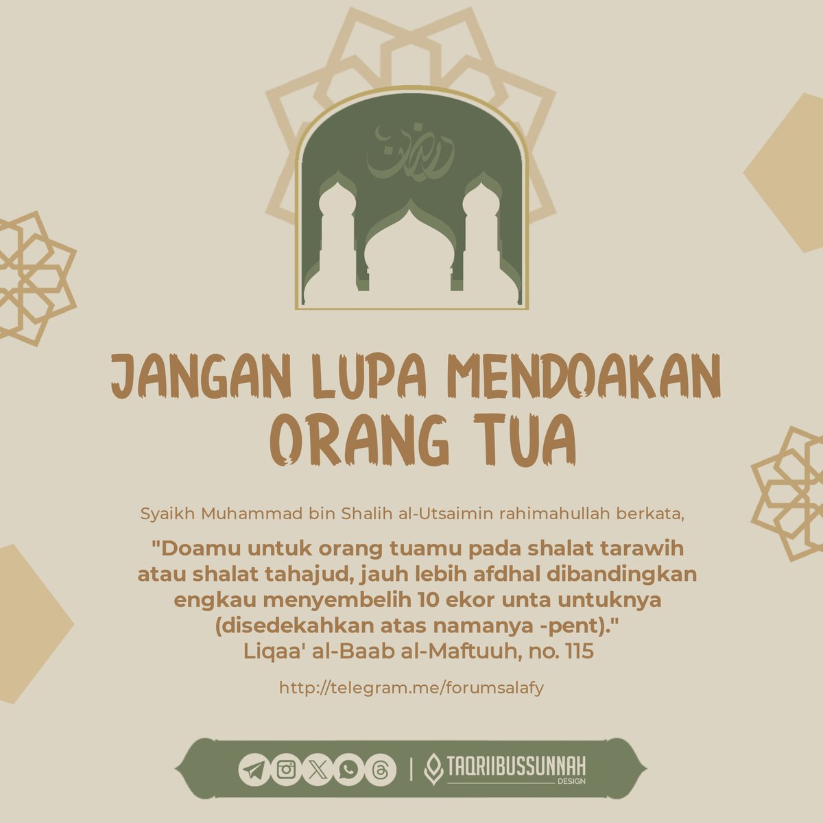 TDPOSTER's tweet photo. JANGAN LUPA MENDOAKAN ORANG TUA

🔘 Mari Bergabung, Ambil Faedahnya dan Jangan Lupa Bagikan. Baarakallahu Fiikum 
https://t.co/bCgEhp5Mtq

#doa #untuk #orangtua #shalat #tarawih #tahajud https://t.co/l9NlJPluAD