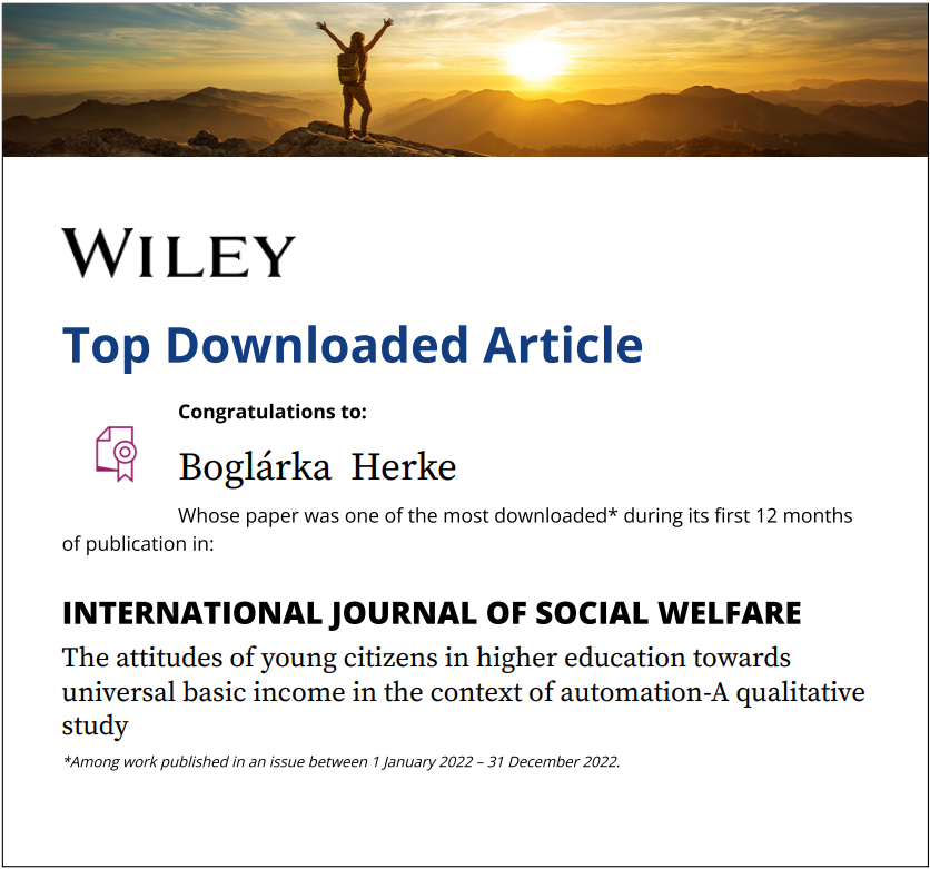 Congratulations to @BoglarkaHerke (Institute for Sociology, CSS) and Lilla Vicsek (@uni_corvinus) whose paper was one of the most popular in the International Journal of Social Welfare! Read open access: onlinelibrary.wiley.com/doi/full/10.11…