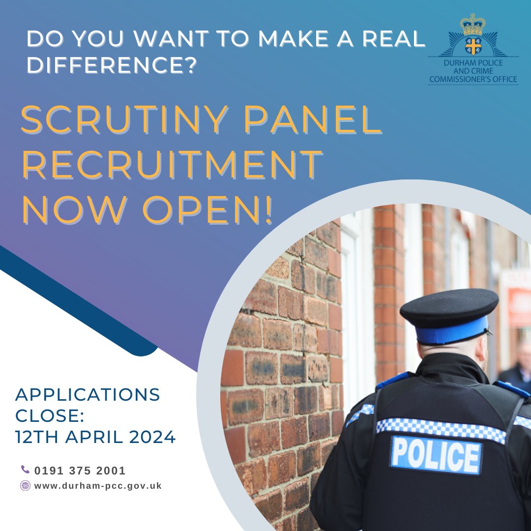 🤩Do you want to make a real difference? Why not volunteer on our Scrutiny Panels! The OPCC is looking to recruit people from across County Durham and Darlington to become volunteers for our scrutiny panels. 👉Interested? Find out how to apply at durham-pcc.gov.uk/vacancies/scru…