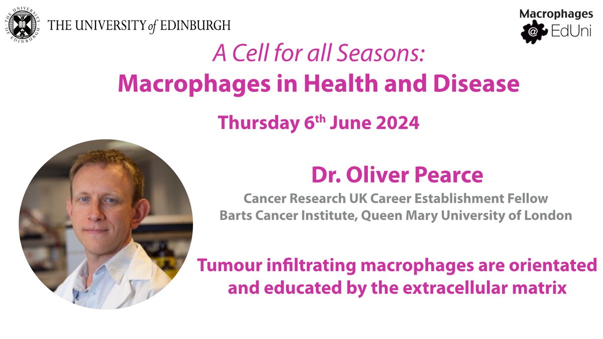 Interested in #macrophage biology in cancer? Join us for our @MacEdiUni annual symposium and hear from @OliverMPearce from @QMBCI about how #macrophages interact with & are educated by extracellular matrix. @EdinUni_IRR Registration & details 👉 ed.ac.uk/inflammation-r…