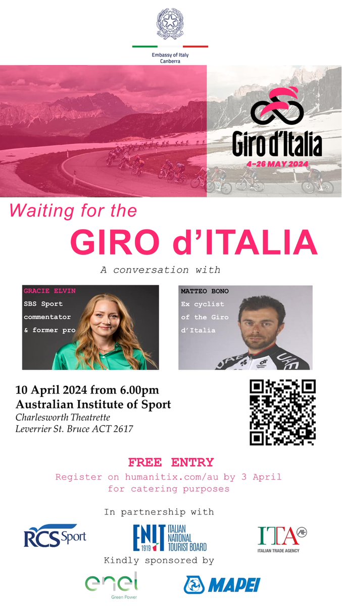 Calling all cycling & Italy fans! 🚲🇮🇹 Join the Embassy of Italy & cycling legends for a chat about the @giroditalia at the AIS in Canberra. Free entry, RSVP at the link belowfor catering purposes 🍕🥂 👇 events.humanitix.com/waiting-for-th…