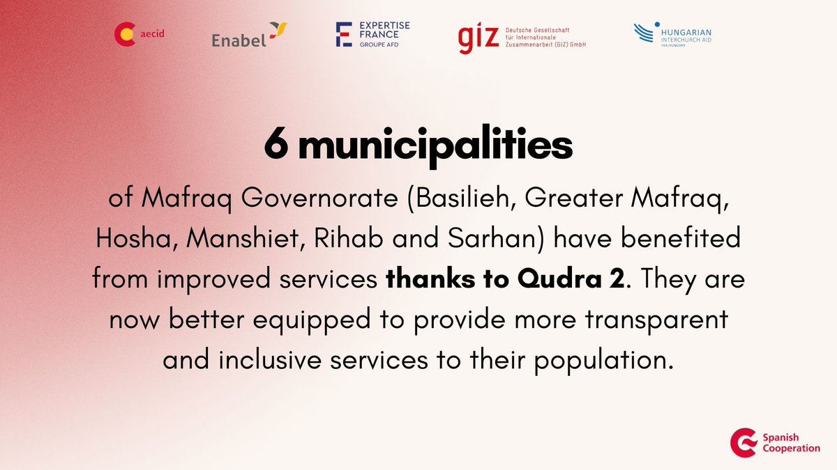 Thanks to @QudraProgramme , @AECID_es has supported institutions & CBOs in 6 municipalities of #Mafraq in 🇯🇴 to deliver transparent & inclusive basic services, thus contributing to social cohesion between host communities and refugees🤝 #SomosCooperacion #SDG16