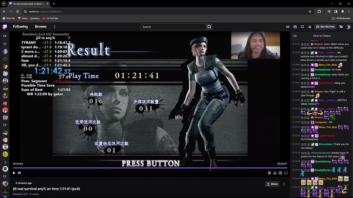 7 hours on this motherfucker! Finally improved WR on Jill Real Survival any% (console) by 28 seconds.  New World Record time, 1:21:41 and i'm out!