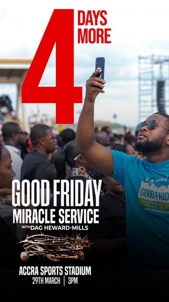 Our Father @EvangelistDag takes the stage in just 4 days for this year’s Good Friday Miracle Service at the Accra Sports Stadium - 3 PM prompt. 

Bring the lost, sick, anyone who is hungry for the Lord. It’ll be marking. 

#ChristCrucified
#goodfriday
#jesuswalk
#GFMS2024