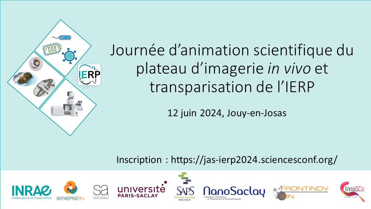 SAVE THE DATE : le 12 juin 2024 Journée d'animation scientifique du plateau d'imagerie in vivo et transparisation de l'IERP à @INRAE_IDF Jouy-en-Josas. Inscription 👉 jas-ierp2024.sciencesconf.org @in_emerg @UnivParisSaclay @INRAE_DPT_SA @SAParisSaclay #phenotyping #3R #1Health