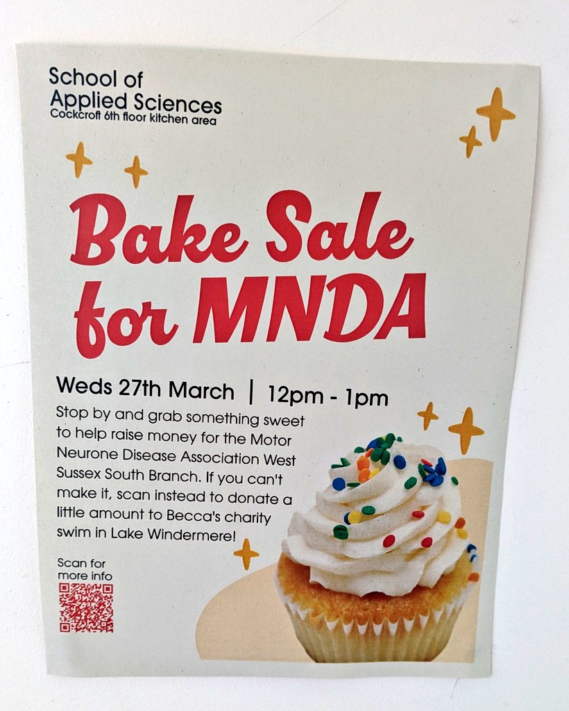 Our course administrator Becca is gonna be swimming across Lake Windermere to raise money for the Motor Neuron Disease Association 🏊‍♀️ There will be a bake sale here in Cockcroft as part of the fundraising, so swing by on lunchtime this Wednesday! 🎂