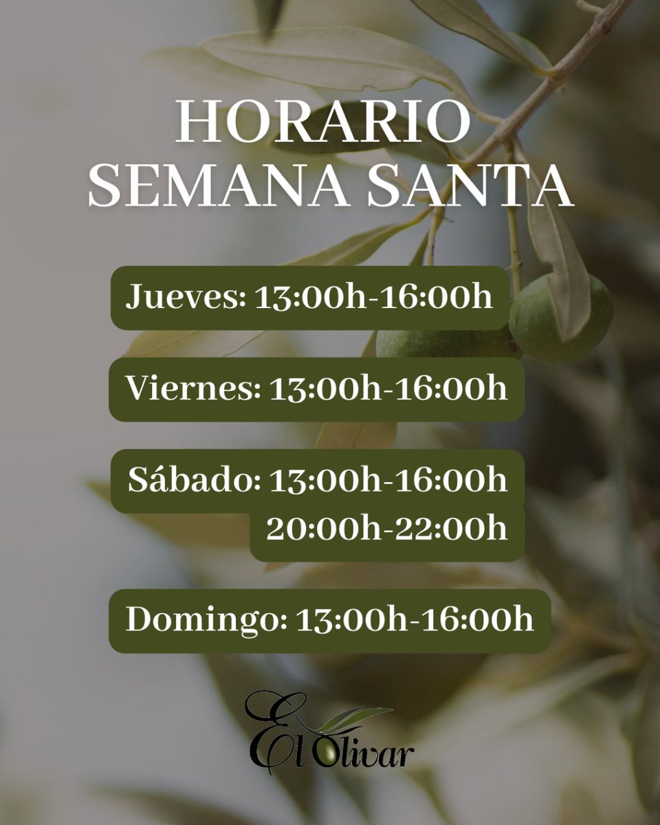 ¡Celebra esta Semana Santa en El Olivar! Hemos ampliado nuestro horario para que puedas disfrutar de los días festivos con nosotros. ¡Lo tenemos todo preparado para recibirte!

Reserva ya tu mesa:
🌐 restauranteelolivar.es
📞 968 724 054