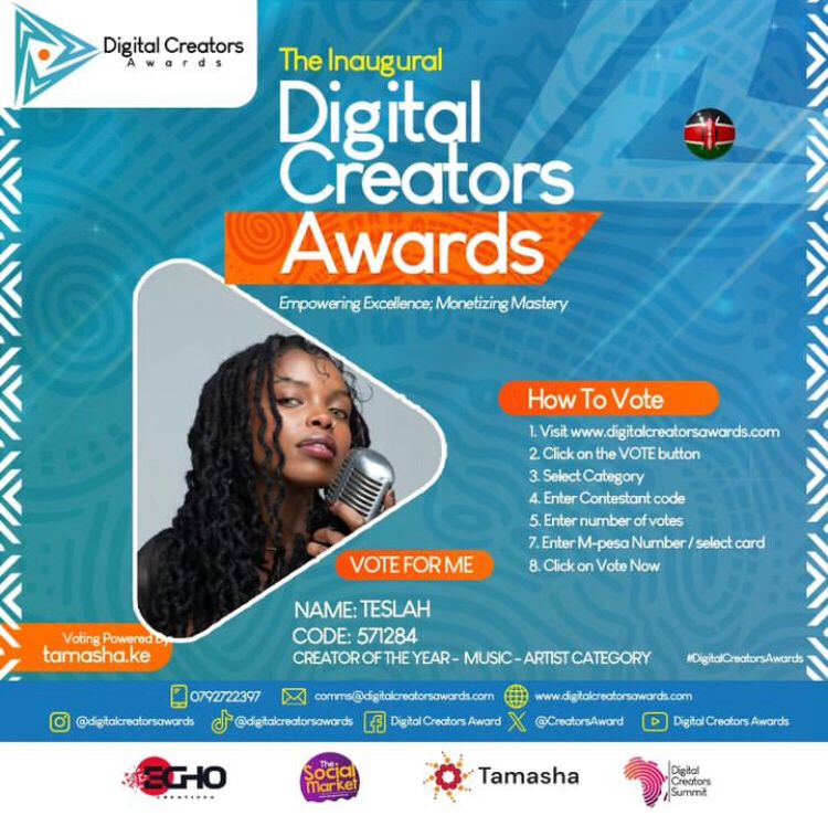🎉 Vote for @tesla_kenya to win the Creator Of The Year - Music - Artist category at The Inaugural Digital Creators Awards! Use the name TESLAH and code 571284 to show your support! Let's help her take home the trophy! 🏆 #Kinoo #DjJoemfalme #Gangsoflondon #TylaAlbum