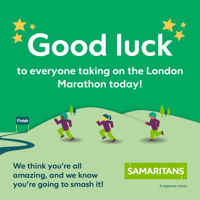 Are you in London today cheering on the #LondonMarathon runners?  

Make sure you keep an eye out for #TeamSamaritans and give them a high-five as they pass you! 💚