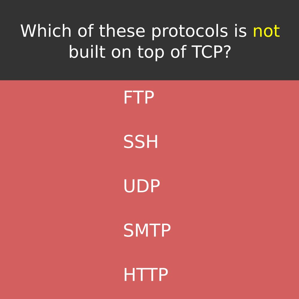 Which of these protocols is not built on top of TCP?

#tcp #http #http1 #http2 #restfulAPI #restAPI #networking #tcp #api #apis #coding #software #webdev #webdevelopment #programming #computerprogramming #programmer #softwareengineering #engineering #development #computer