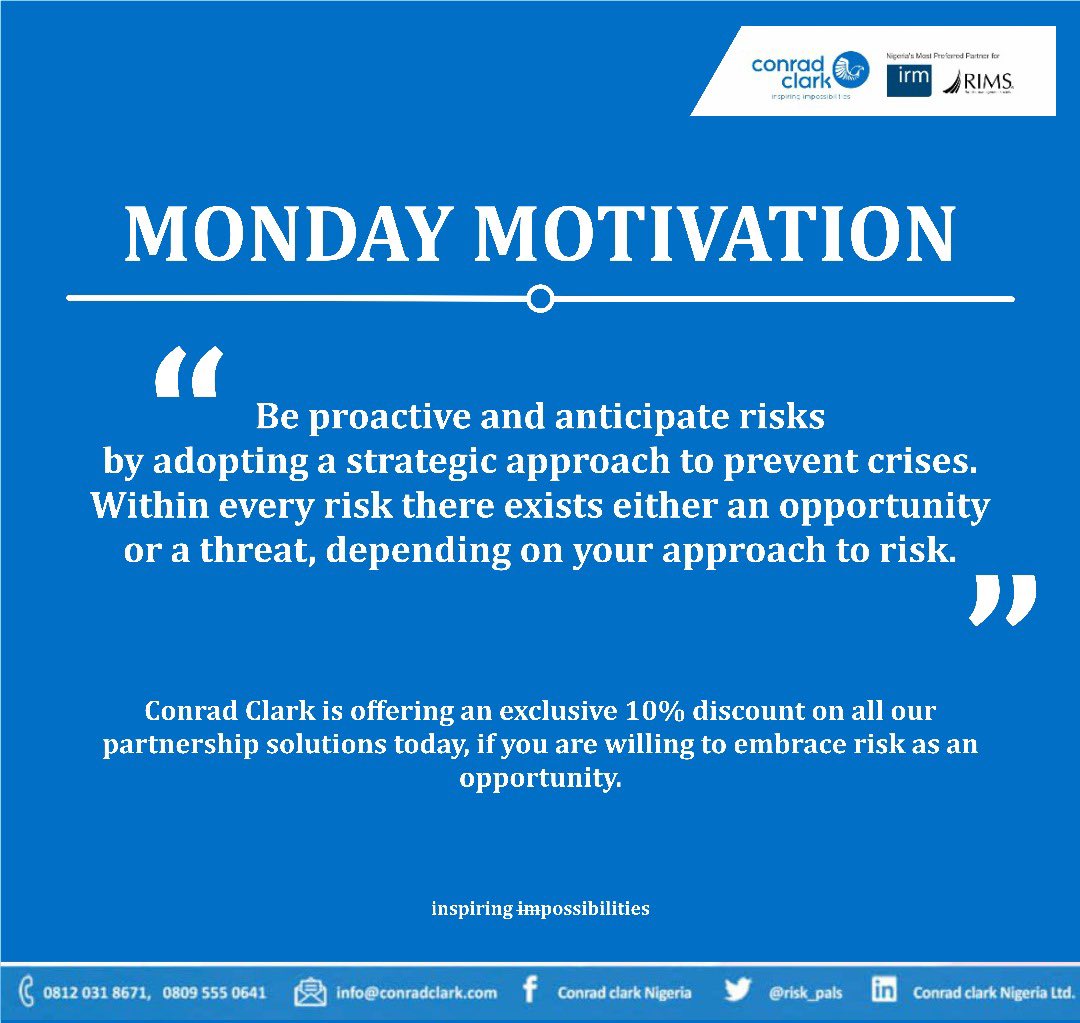 ConradClarkltd's tweet photo. Be proactive and anticipate risks by adopting a strategic approach to prevent crises. Within every risk there exists either an opportunity or a threat, depending on your approach to risk.

inspiring impossibilities https://t.co/T9v5sgILtm