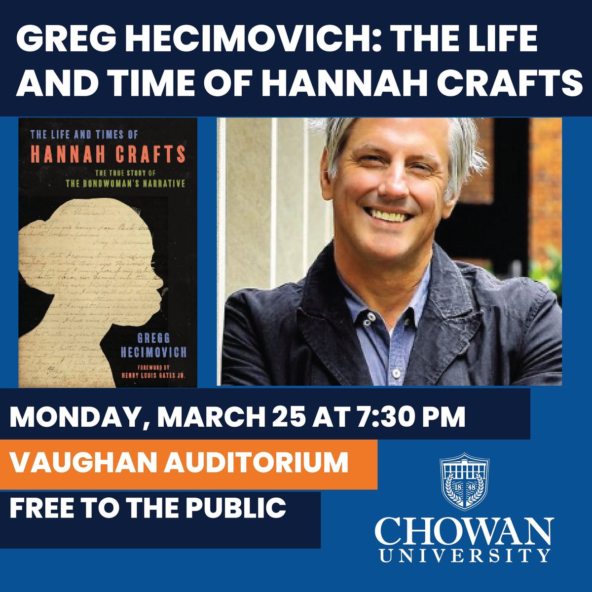 I’m thrilled to be on the campus of Chowan University today sharing the story of Hannah Crafts and Murfreesboro, North Carolina. Join us tonight @ 7:30 PM, Vaughn Auditorium!