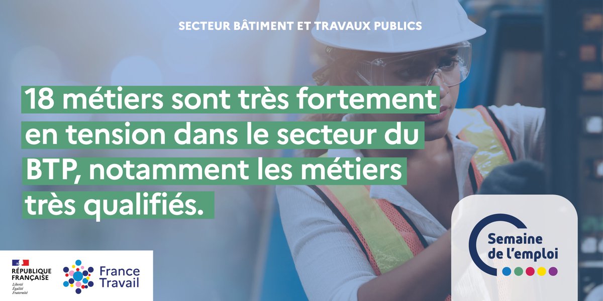 [#SDE2024] La Semaine de l'emploi continue avec le secteur du #BTP ! 🏗️
18 métiers sont considérés comme très fortement en tension, notamment sur les postes très qualifiés. Aujourd'hui, France Travail a réuni des experts pour échanger à propos des problématiques de ce secteur.