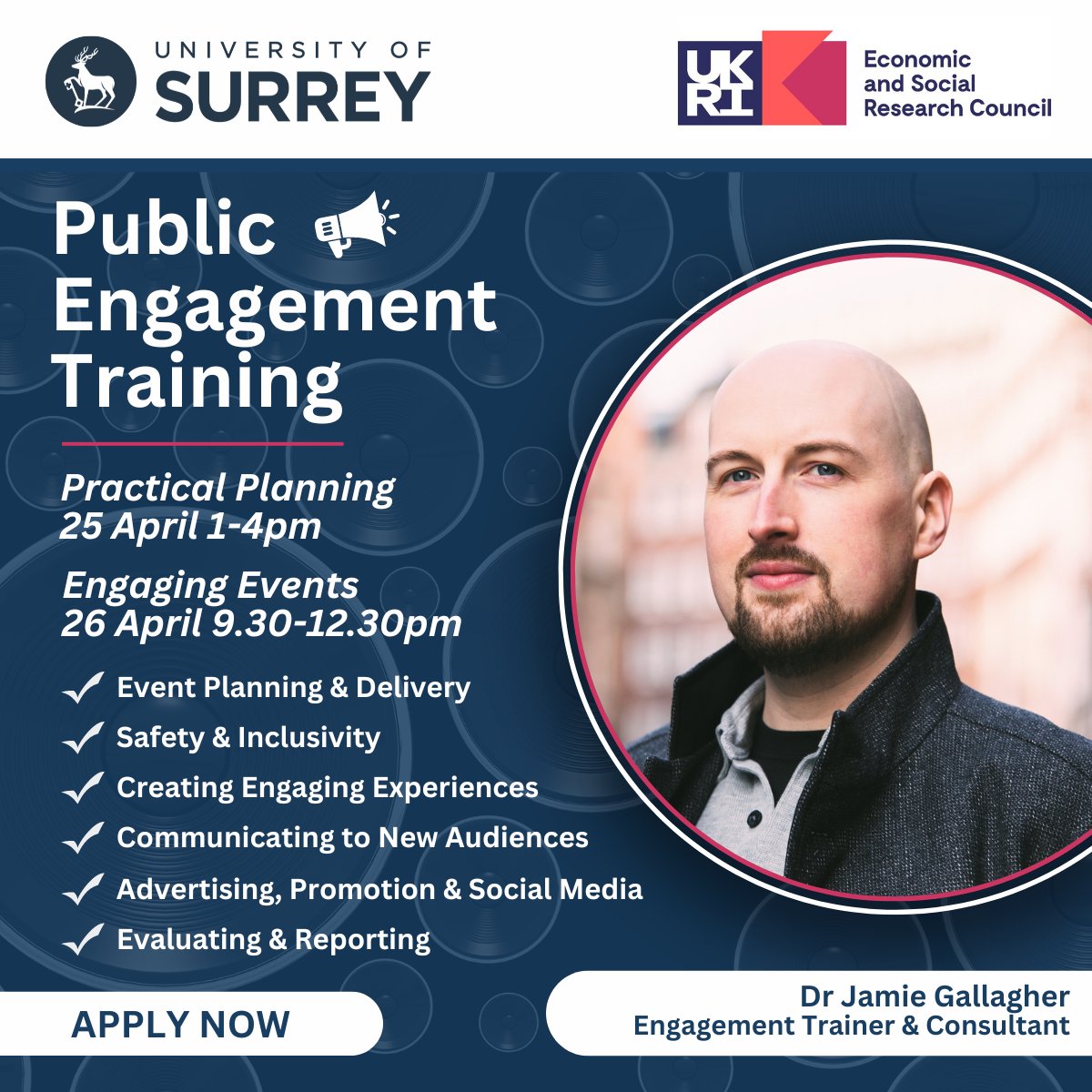 Before you head off on your Easter break🐣 don't forget to sign up for @JamieBGall's in-person #publicengagement training workshops at the @UniOfSurrey. Click here to book: surrey.ac.uk/economic-and-s…