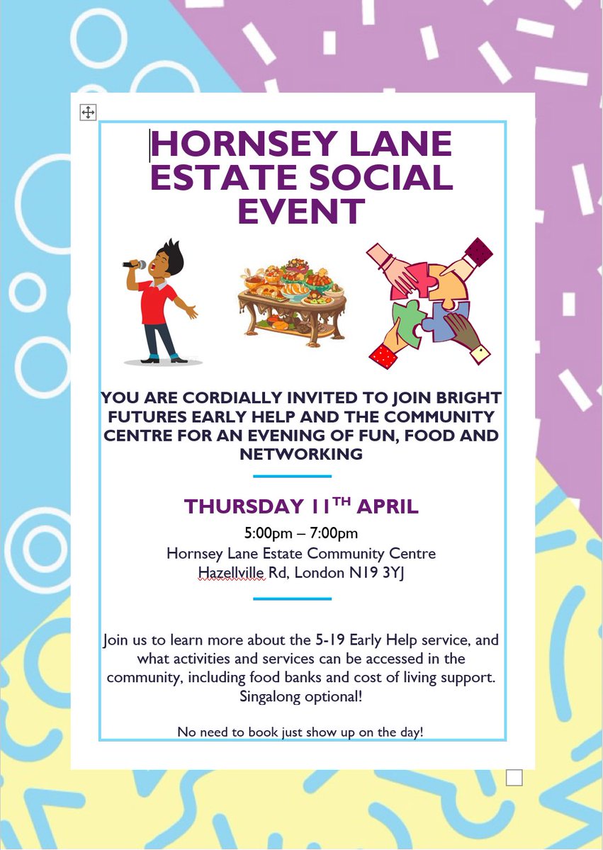 Join Bright Futures North at Hornsey Lane Community Centre on Thursday 11th April for an evening of fun, food and networking! #BrightFuturesIslington #Islington #Family #Community #HornseyLane