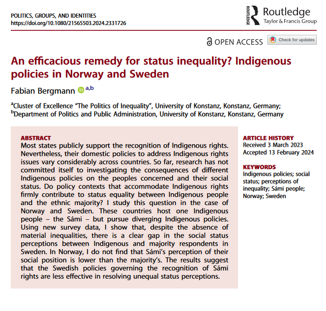 Super happy that @PGI_WPSA today published my paper on #Indigenous policies & status perceptions in #Norway & #Sweden doi.org/10.1080/215655… It's the very first paper I wrote for my dissertation, so I am particularly excited that it's now out there! @EXCInequality @UniKonstanz