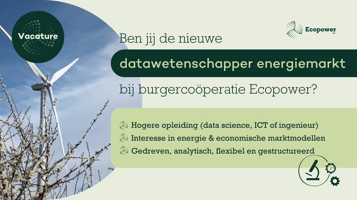 Wij zoeken een data-krak om het team marktwerking te versterken. Lees de vacature en solliciteer via ecopower.be/vacatures #burgerenergie #datascientist #datawetenschapper #vacature #ecopower #rescoop