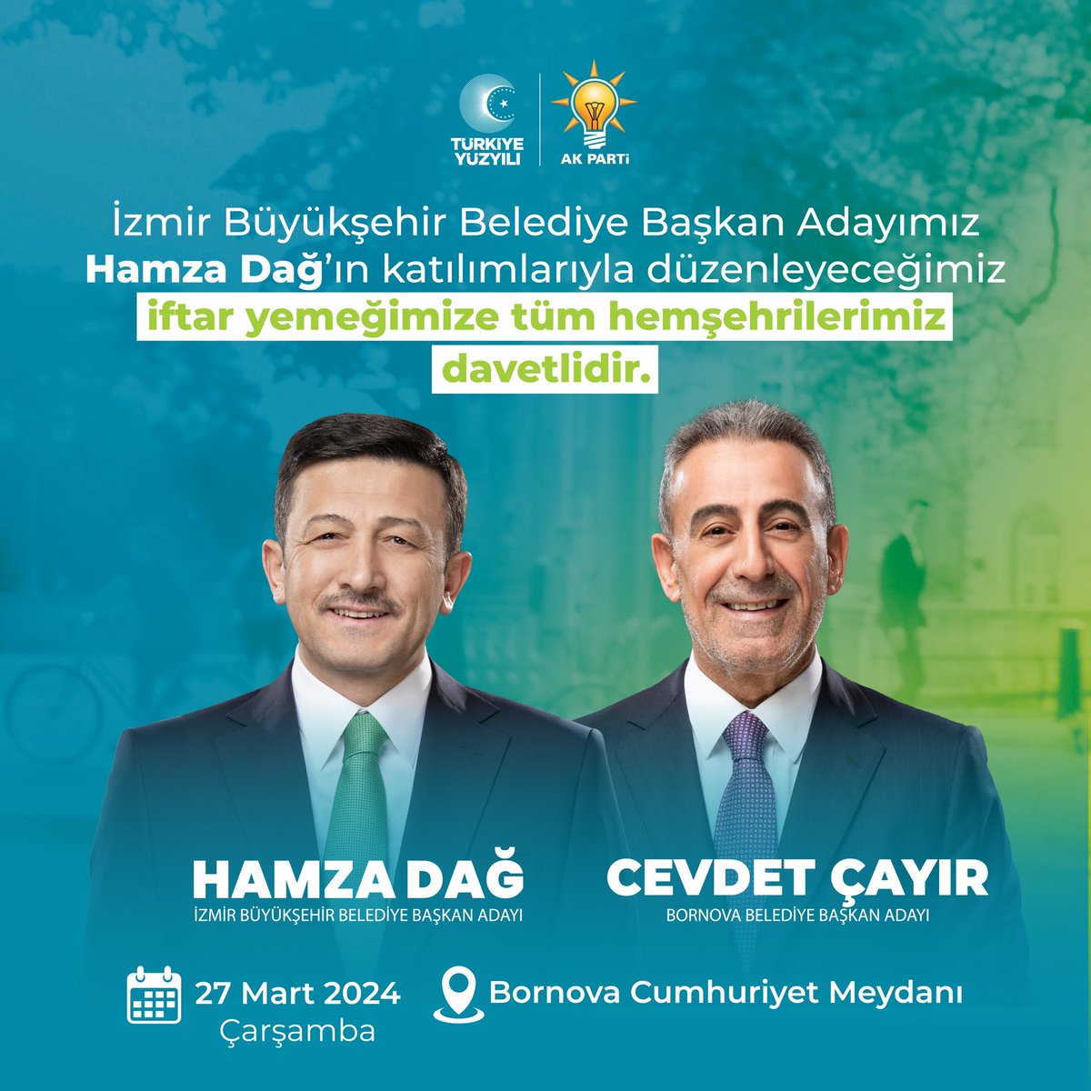 İftar sofrasının bereketini paylaşıyoruz. İzmir Büyükşehir Belediye Başkan Adayımız Sn @avhamzadag'ın katılımlarıyla düzenleyeceğimiz iftar yemeğimize tüm hemşehrilerimiz davetlidir. 🗓 27 Mart Çarşamba 📍 Bornova Cumhuriyet Meydanı