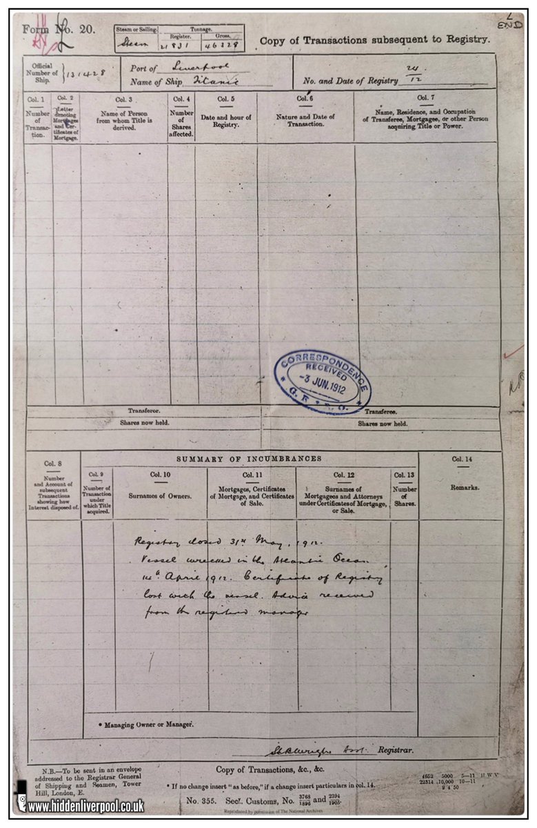 On the 25th March 1912, White Star's newest ship, Titanic, was  registered in Liverpool's Custom House. Here's a copy of her registration document. Note the chilling registry closed statement written in red.