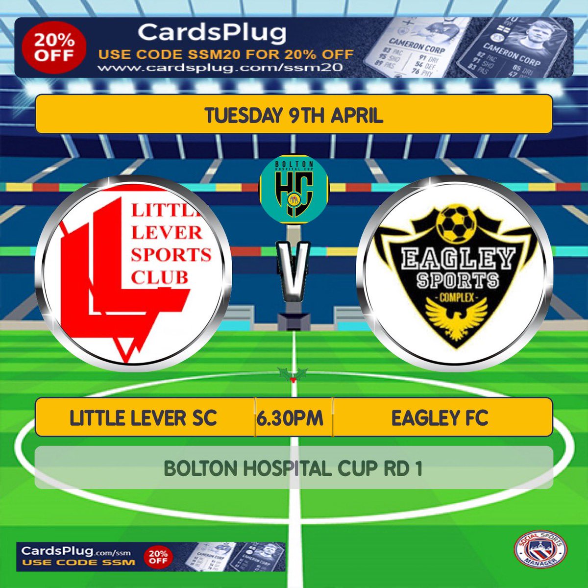 Fixture Arranged for our upcoming Hospital Cup Game Tuesday 9th April : ⚽️ First Team HOME v @Eagley_Football FC ⏰ 6.30pm KO 🏆 @hospital_cup RD 1 📍Mytham Road, BL3 1JE