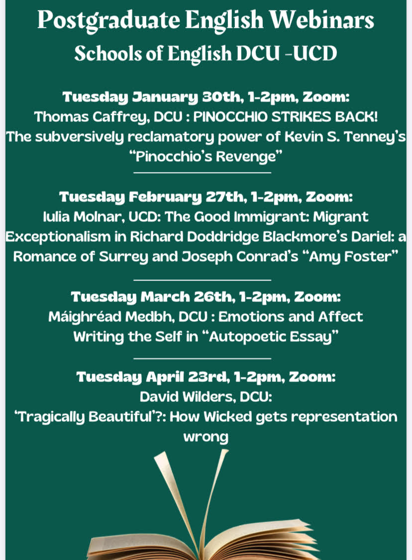 It's the last week of teaching &amp; a busy one for the School! The last of our Research Seminars takes place on Wednesday when Paula Murphy talks about Film and AI. On Tuesday there's another online postgraduate seminar by Máighréad Medbh on the autopoetic essay <a href="/NDLaetitia/">Laëtitia Nebot-Deneuville</a> for link