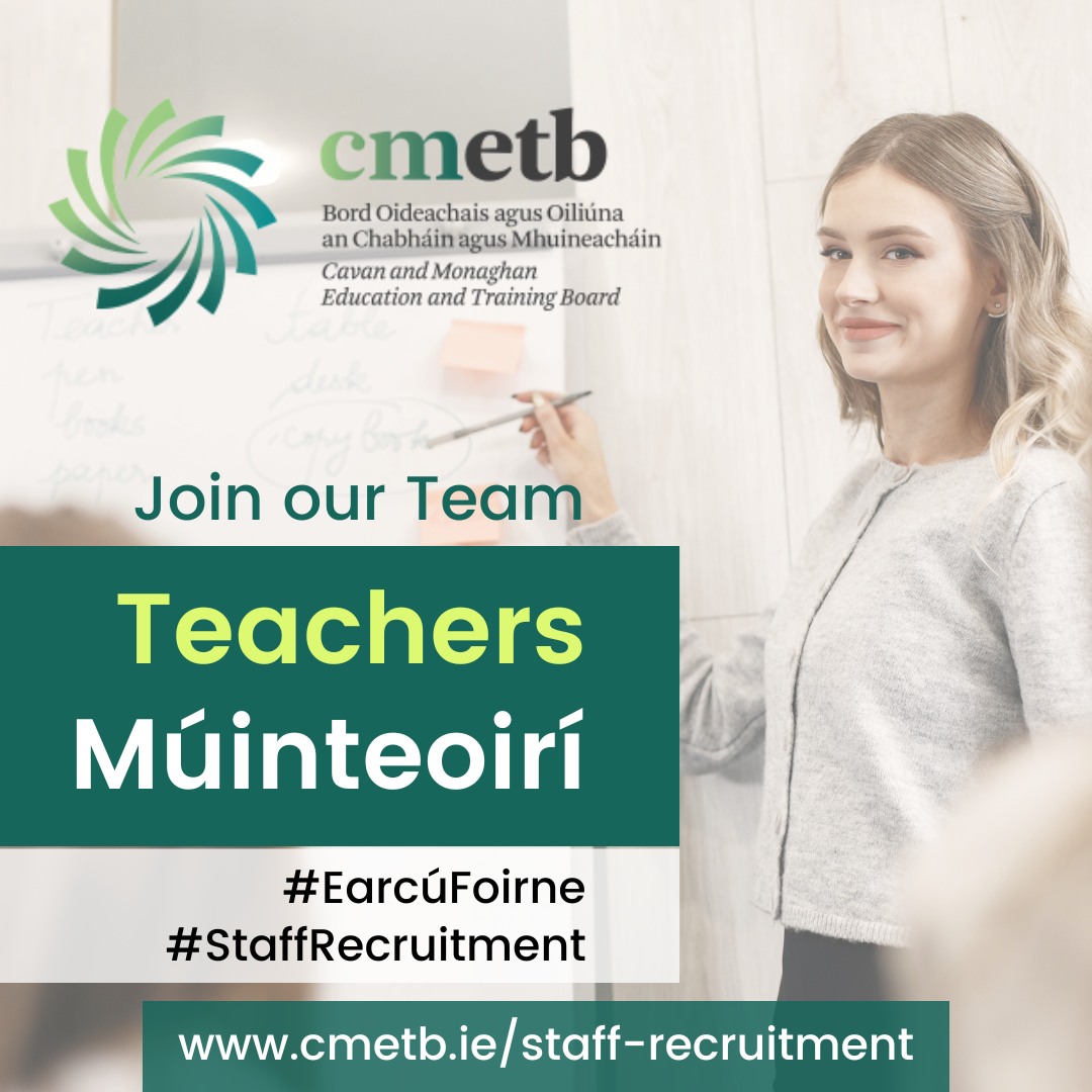 Attention teachers! Join our Team We are now recruiting for passionate teachers to join us across our Cavan and Monaghan schools for the 2024/25 academic year. Find out more: cmetb.ie/staff-recruitm… #TeachingJobs #JobFairy #Recruitment #SchoolTeacher