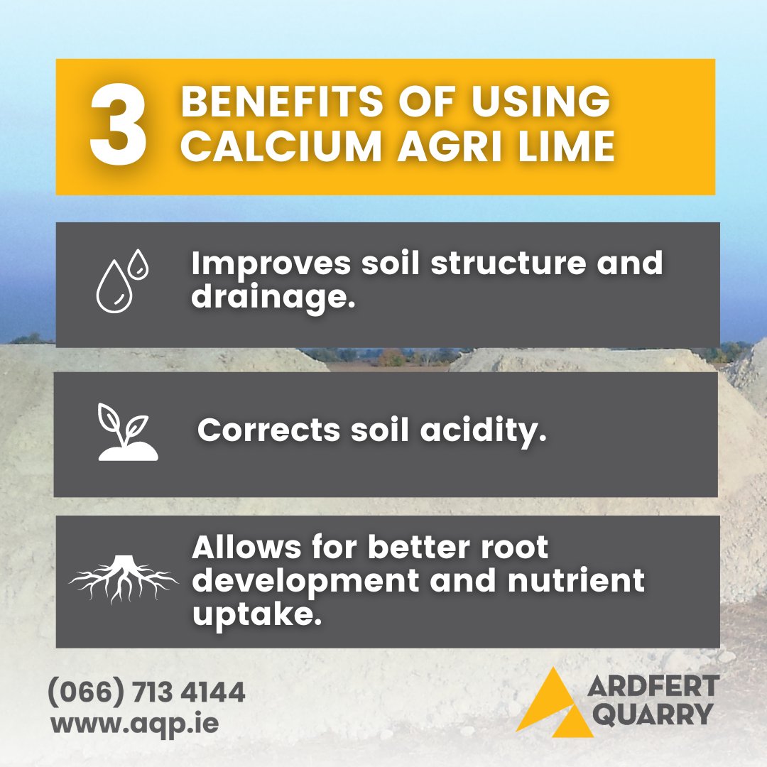 Benefits of using our calcium Agri lime 🚜 💧Improved soil structure 🌱Corrects soil acidity ☘️Improved root development To find out more, please visit our website ➡️ bit.ly/44Cj7og #AgriLime #TimeToLime #LimeApplication #Farming365
