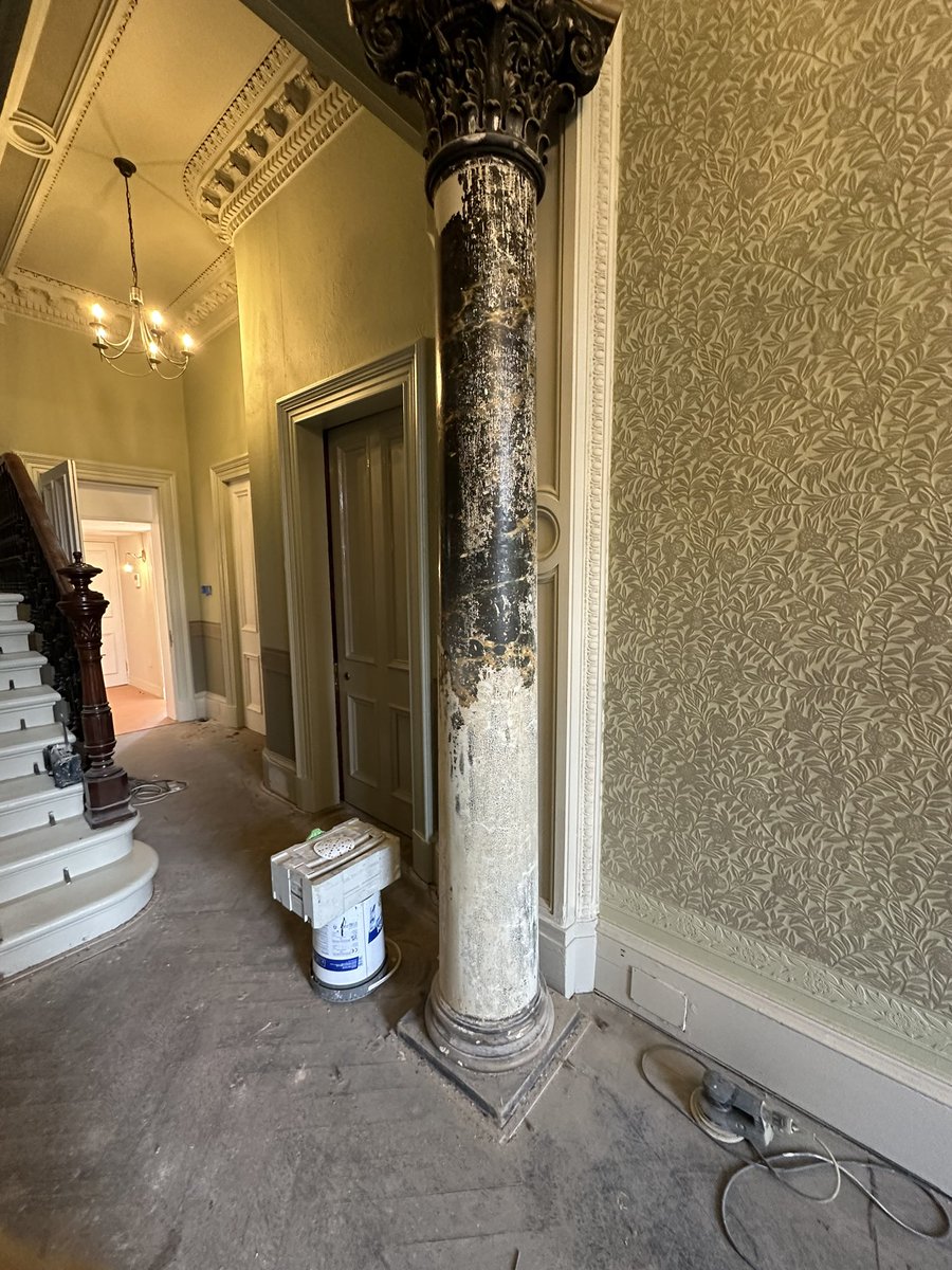 Contract very late due to other contractors ,removing Paint from Columns Thought process, heavily varnished them , texture showing Copal varnish, so wet sanding removed the paint . I will restore them from there 🤩 the painted marbling is 🤩 #specialistdecorators #restoration