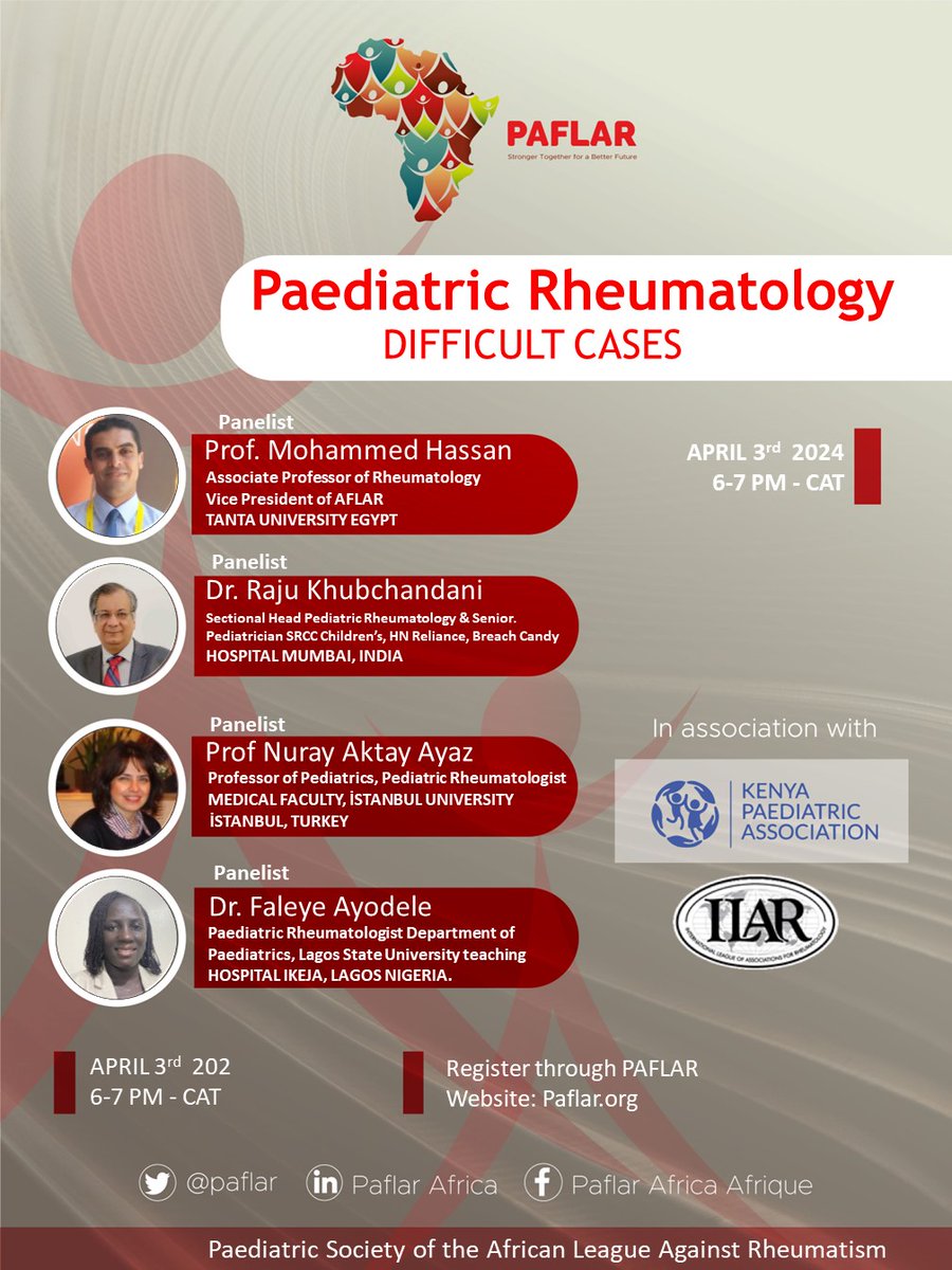 Save the Date: 3rd April 2024, PAFLAR CME Will discuss; “Paediatric Rheumatology-Difficult cases" Click on the link to register and secure your slot: paflar.org/activity/paedi…

#Paediatricrheumatology
#DifficultCases