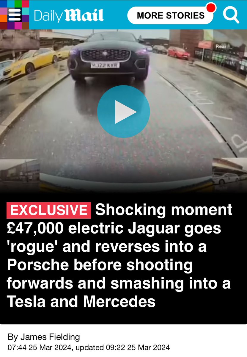 Article in @DailyMailUK about an 'electric' Jaguar E-pace going 'rogue' and smashing up other cars But as others have pointed out, the E-Pace isn't electric This is very worrying - basic research is being deprioritised in rush to produce anti-EV clickbait