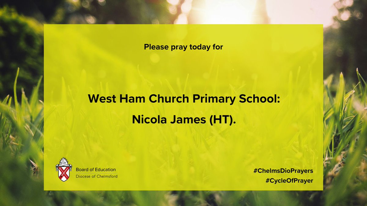Please pray for:

West Ham Church Primary School @westhamceschool. 

Nicola James (HT).

#CycleOfPrayer #ChelmsDioPrayers