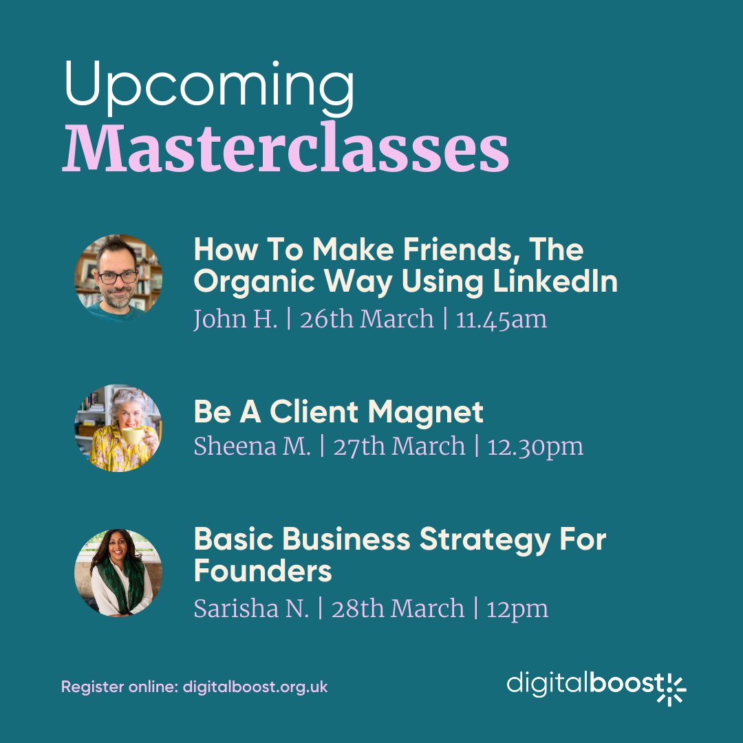 Looking for #free #businesssupport? Look no further! These Masterclasses are free to join and are designed to help you grow your #smallbusiness or #charity 💪 Register for 🆓 here 👇 eu1.hubs.ly/H08f6Hd0 #LinkedIn #Masterclass #BusinessGrowth #BusinessStrategy