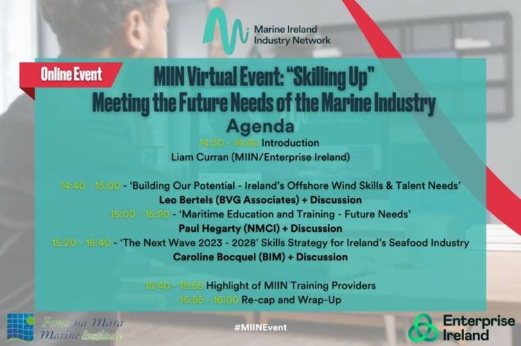 📢Join us online for the first Marine Ireland Industry Network event of 2024 📅 Thursday 28th March 2024 🕑 14:30 – 16:00 📍 Online (Zoom) Skilling Up: Meeting the Future Needs of the Marine Industry, where @MarineIrlNet companies will receive updates on several recent…