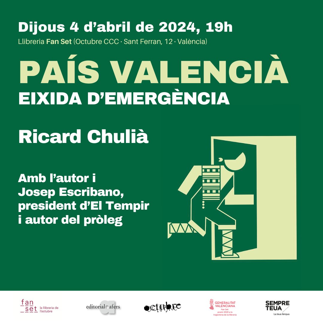 El proper dijous 4 d'abril, a les 19h, @RicardChulia serà a l'@OctubreCCC per presentar-nos 'País Valencià: eixida d'emergència', axompanyat per Josep Escribano. Editat per @editorialafers