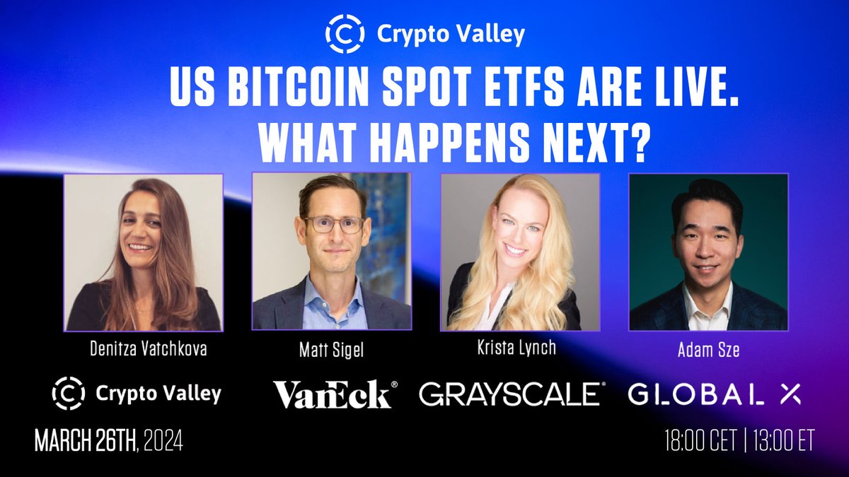 Don't miss the next #CVA event! 🇨🇭📚 We'll be discussing the future of Bitcoin #ETFs with industry leadersfrom : @Grayscale @vaneck_us @GlobalXETFs @Bullish