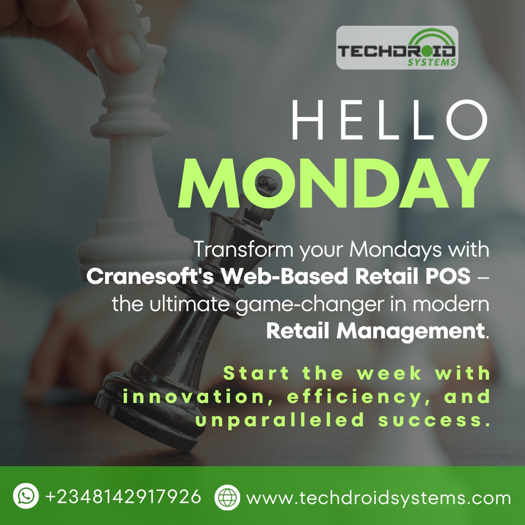 techdroidsystem's tweet image. Embrace the power of change Monday with Cranesoft&apos;s web-based retail POS – revolutionizing the way you do business. 
Let&apos;s turn challenges into opportunities and set the tone for a week of innovation and success!

Lil Kesh #SelenaGomez #ambode #cheatingwife #Russia #cranesoft