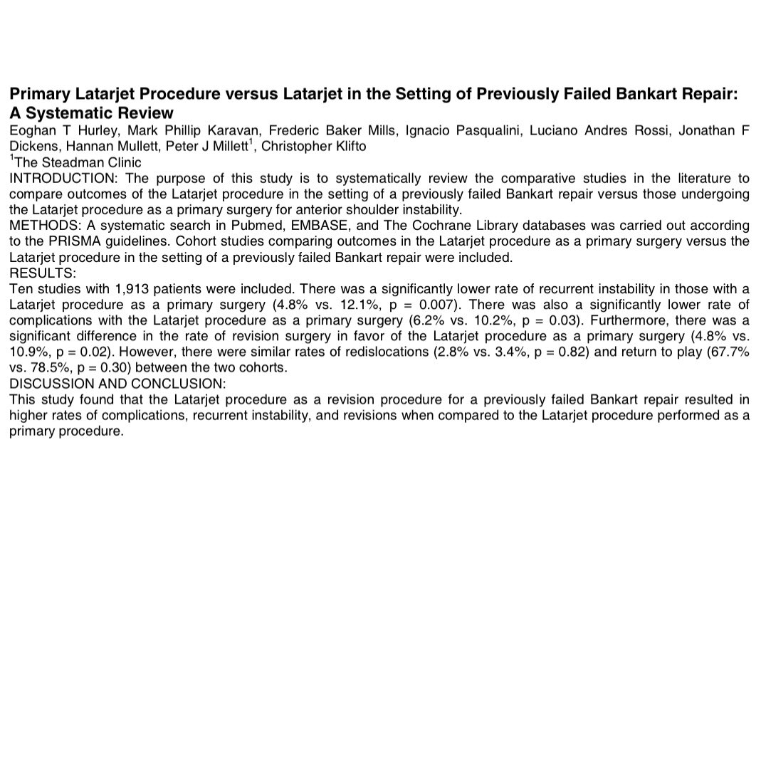 ✨NEW episode is LIVE!✨ We’re recapping the newest research presented at the @AAOS1 meeting w/ @MegBishopMD. This poster is next by @MillettMD @eoghanthurley @KliftoMD @SteadmanClinic about outcomes of primary Latarjet vs Latarjet for failed Bankart 💪🏻 @AshleyBassettMD @cloganmd