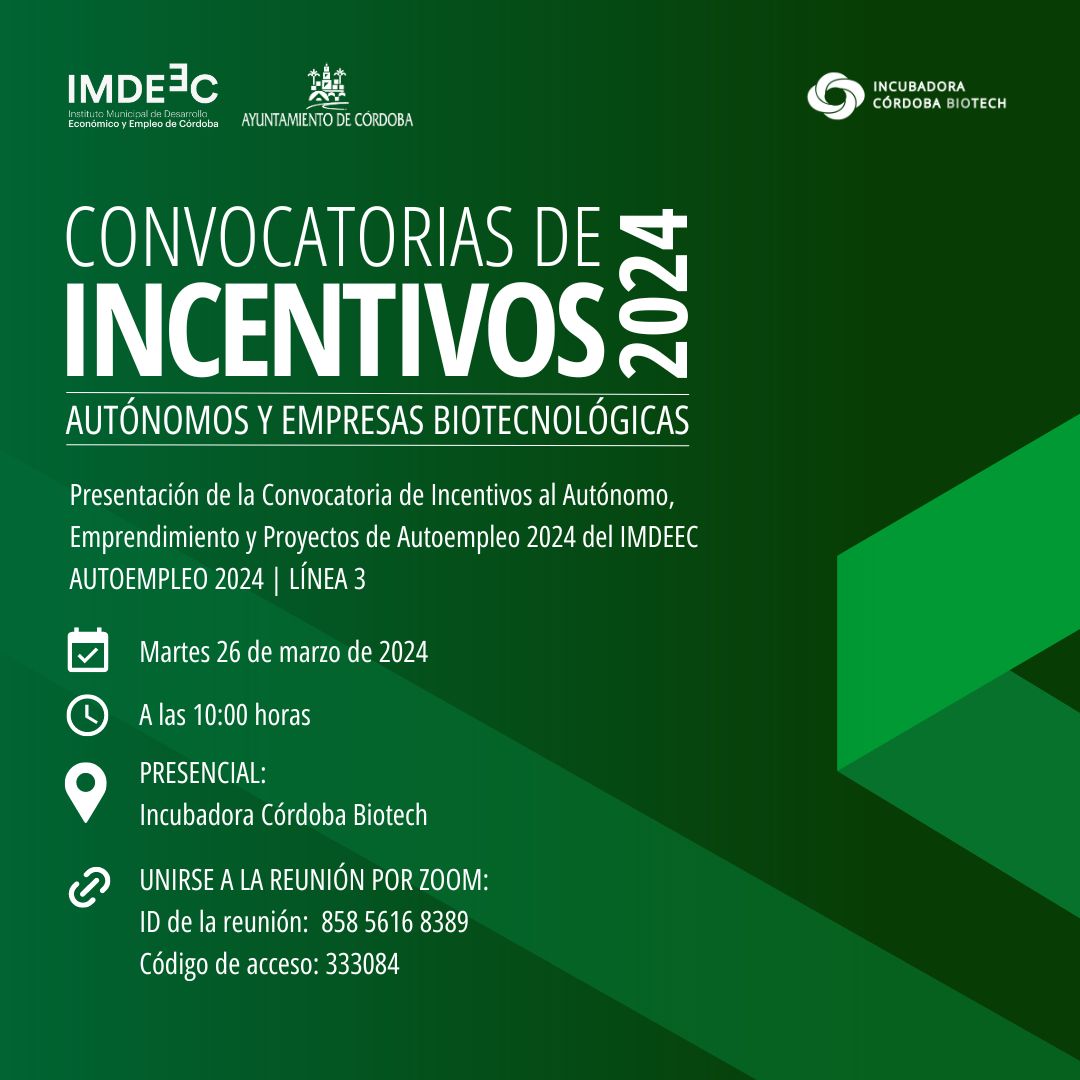 📣 Mañana 26/03 a las 10h celebraremos un encuentro presencial y online para presentar la convocatoria de ayudas Autoempleo 2024 Línea 3 del <a href="/imdeec/">Imdeec</a>, para empresas vinculadas a #CórdobaBiotech:

📍 Presencial, en la sede de Córdoba Biotech
🖱 O por Zoom, a través del enlace 👇👇