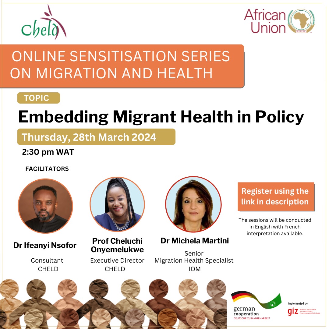 Embedding #MigrantHealth in #Policy

The 7⃣th session of the #CHELD online series on #Migration and #Health is taking place on 28 March! Register now and take part in this insightful discussion.

🗓️Thursday, 28 March
🕐 2:30PM WAT
👉 Register now: us06web.zoom.us/meeting/regist…