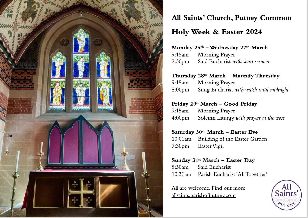 All are welcome to our services marking Holy Week. We can promise stillness, beautiful liturgy, thought-provoking preaching and inspiring music all within our stunning church. @trottdm @StMarysPutney