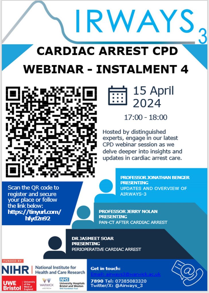 🚨Don't miss our 4th #CardiacArrest CPD Webinar on 15/04/24 from 17:00 - 18:00. Join us for a session with Prof. Jonathan Benger, Prof. Jerry Nolan, and Dr. Jasmeet Soar @jas_soar as they share vital updates in cardiac arrest care. Register now: tinyurl.com/hfyd2n92