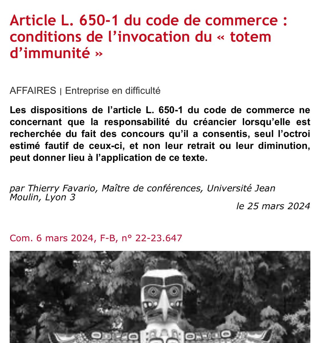 Au <a href="/Dalloz/">Editions Dalloz</a> actu du jour, retrouvez les obsº de T. Favario quant au domaine d’application de L. 650-1 C. Com. : seul l’octroi fautif d’un concours permet sa mise en œuvre, ce qui ne concerne pas le retrait ou la diminution du concours ⬇️ <a href="/ERLJ_Lyon/">Equipe de recherche Louis Josserand</a> <a href="/UJML/">Université Jean Moulin Lyon 3</a>