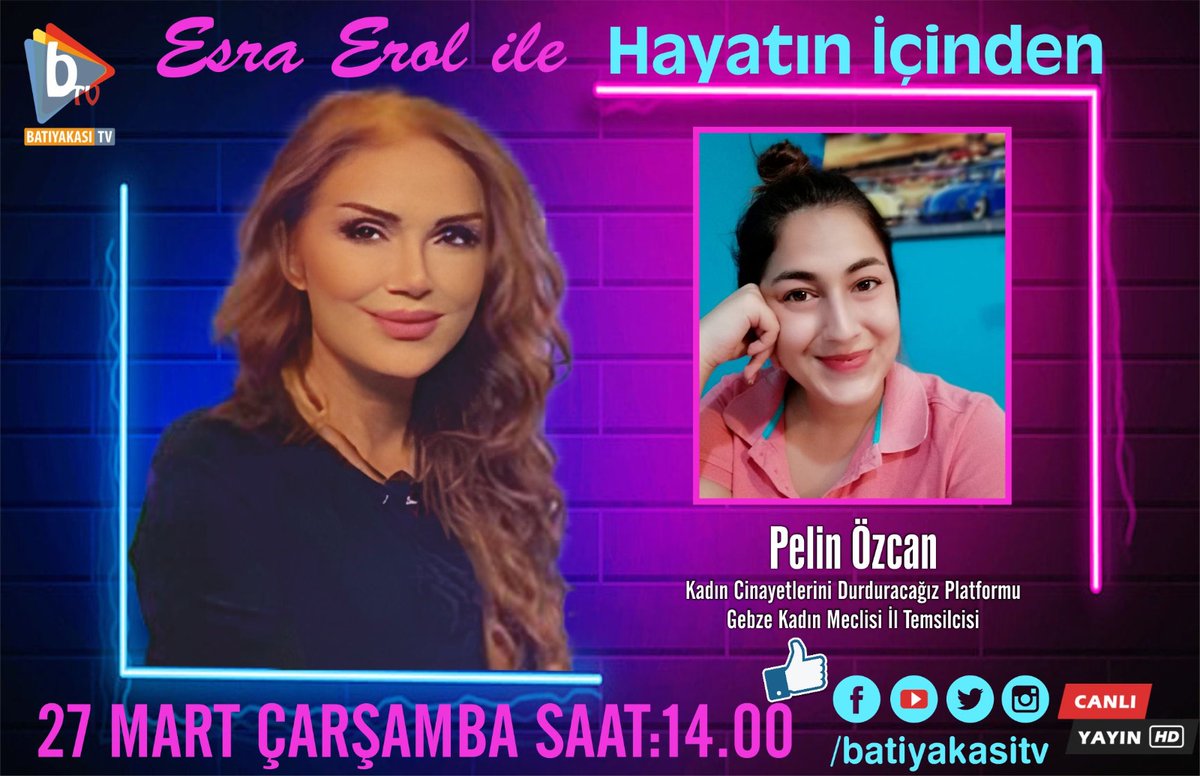 27 Mart Çarşamba günü saat 14.00'da Esra Erol ile Hayatın İçinden programında olacağız. @kadinmeclisleri @batiyakasitv