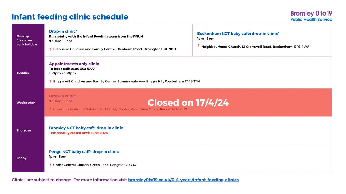 Quick note to say that the Infant Feeding Drop-in Clinic at Community Vision will be temporarily closed on 17/4/2024. Sorry for any inconvenience this may cause. If you're in need of support, please swing by and chat to our team one of our other clinics.