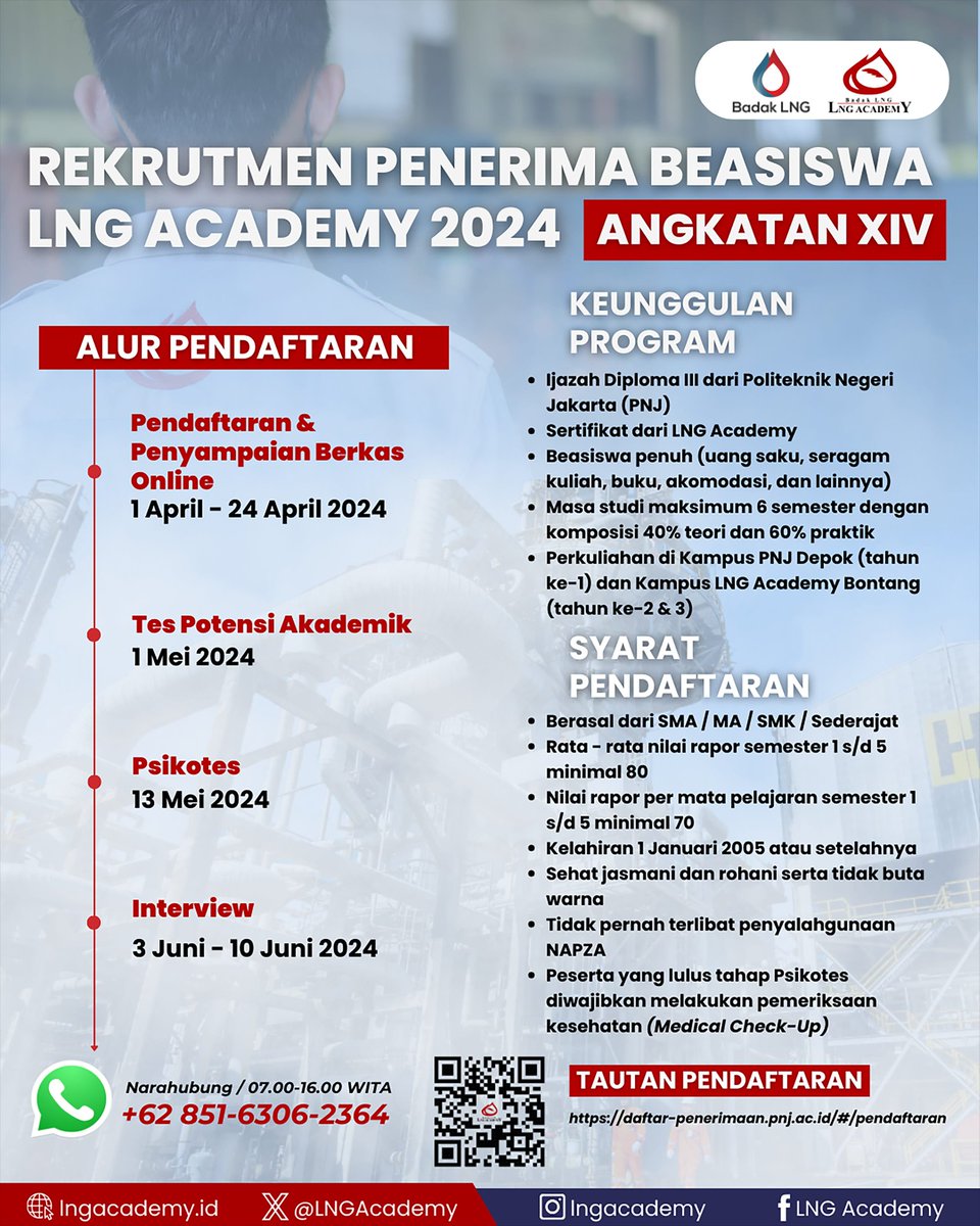𝗕𝗥𝗘𝗔𝗞𝗜𝗡𝗚 𝗡𝗘𝗪𝗦
[𝘙𝘦𝘬𝘳𝘶𝘵𝘮𝘦𝘯 𝘗𝘦𝘯𝘦𝘳𝘪𝘮𝘢 𝘉𝘦𝘢𝘴𝘪𝘴𝘸𝘢 LNG Academy 2024]

Salam Energi Muda Pembangun Bangsa!🔥

Halo adik-adik SMA/MA/SMK/ sederajat di seluruh Indonesia! 👋

Today LNG Academy is opening recruitment for the new batch of LNG Academy 🔥