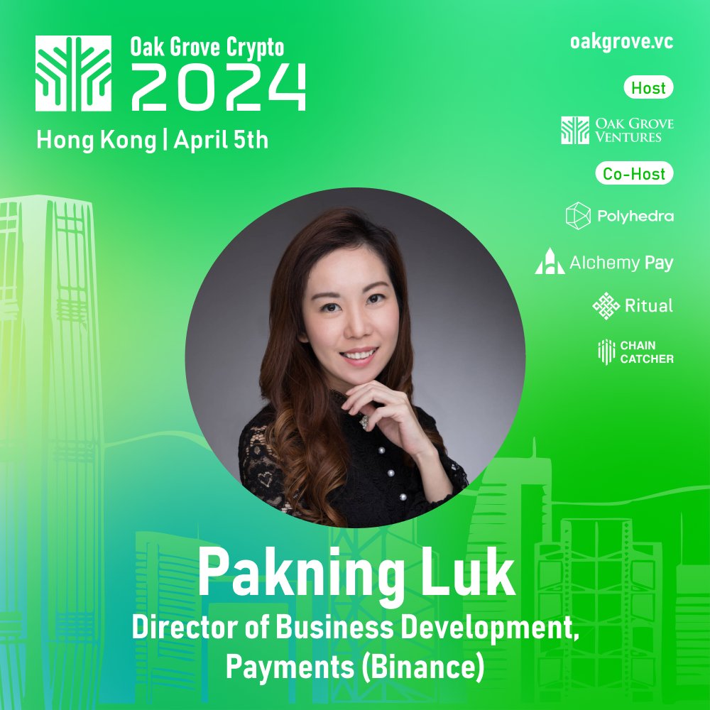 OakGroveVC's tweet photo. Join @PakningLuk at #OakGroveCrypto2024 in Hong Kong!

Pakning is the Director of Business Development, Payments at @binance, the world’s leading blockchain ecosystem and digital asset exchange.

Get ready for an exceptional new experience this April 5th!

Register now👉: https://t.co/XVFCohD0Do

🌟Host: @OakGroveVC
💫Co-Host: @PolyhedraZK @AlchemyPay @ritualnet @ChainCatcher_